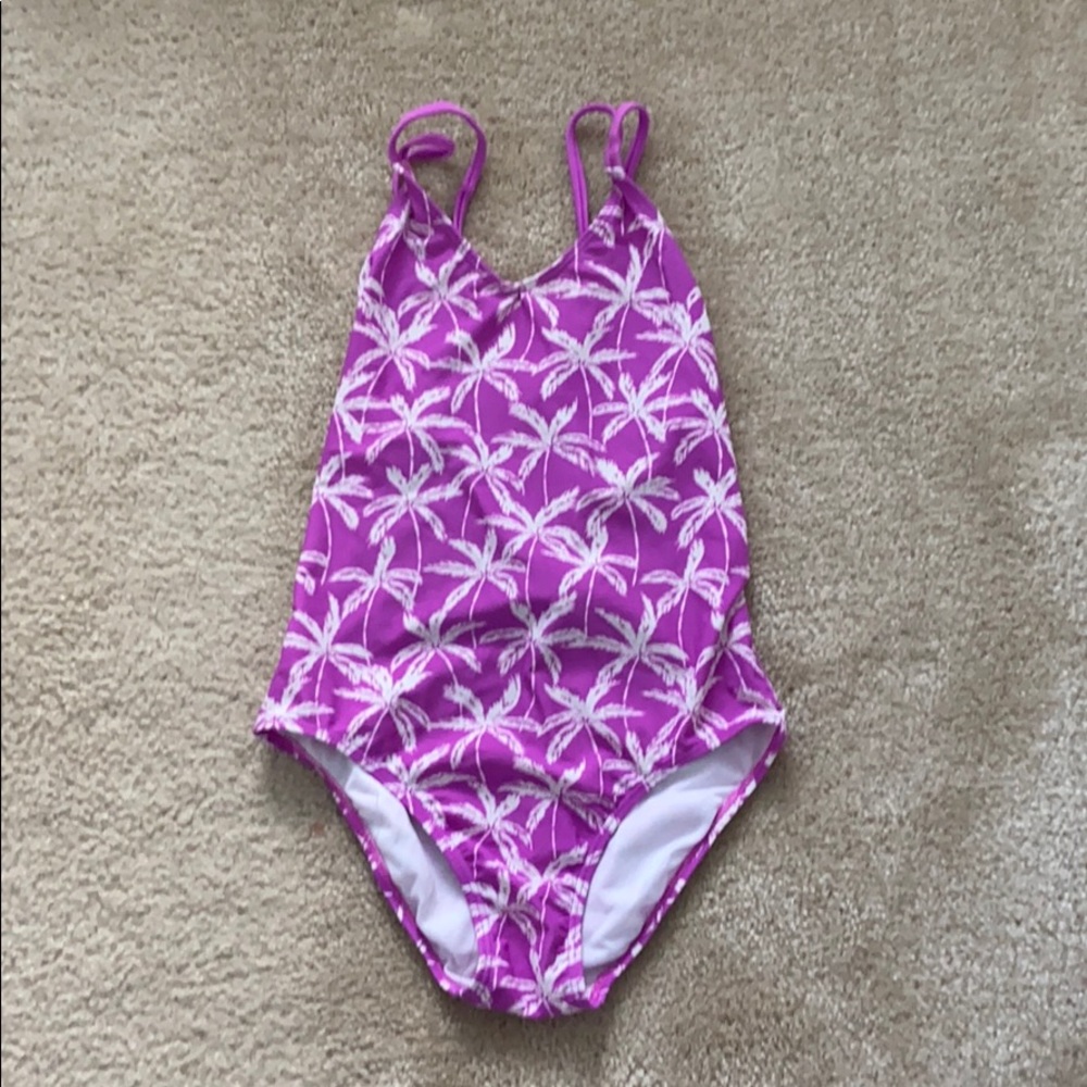 Purple palm tree one-piece bathing suit